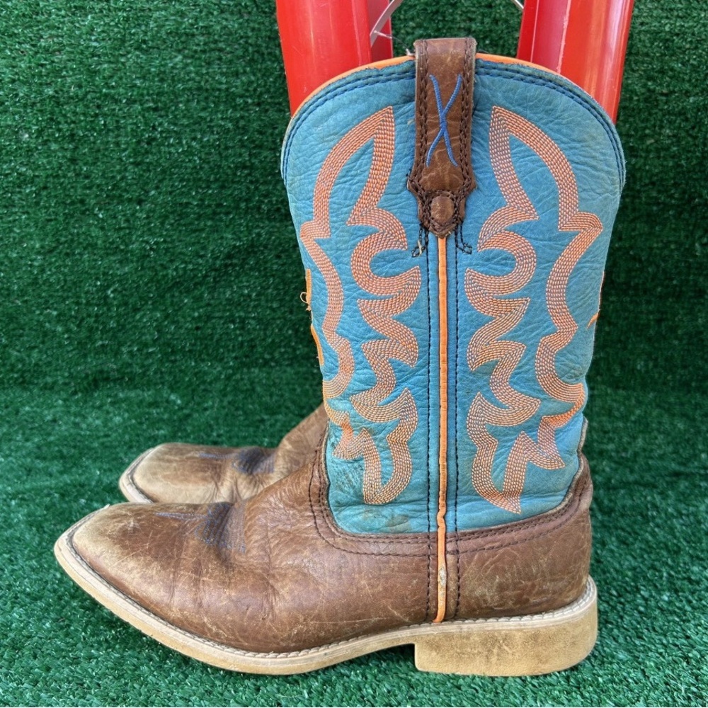 Twisted X Hooey Boots Size 4M Looper Leather Cognac Blue Orange Cowboy Western